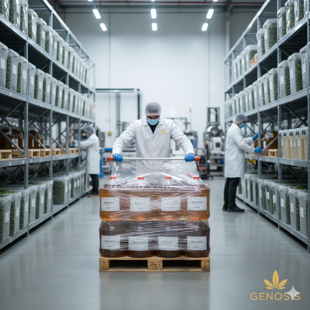 Workers in a warehouse with stacked pallets and 'Genesis' branding.